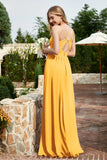 Spaghetti Straps Chiffon A Line Bridesmaid Dress with Slit Formal Evening Prom Dresses Gowns