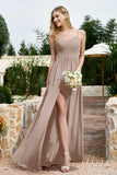 Spaghetti Straps Chiffon A Line Bridesmaid Dress with Slit Formal Evening Prom Dresses Gowns
