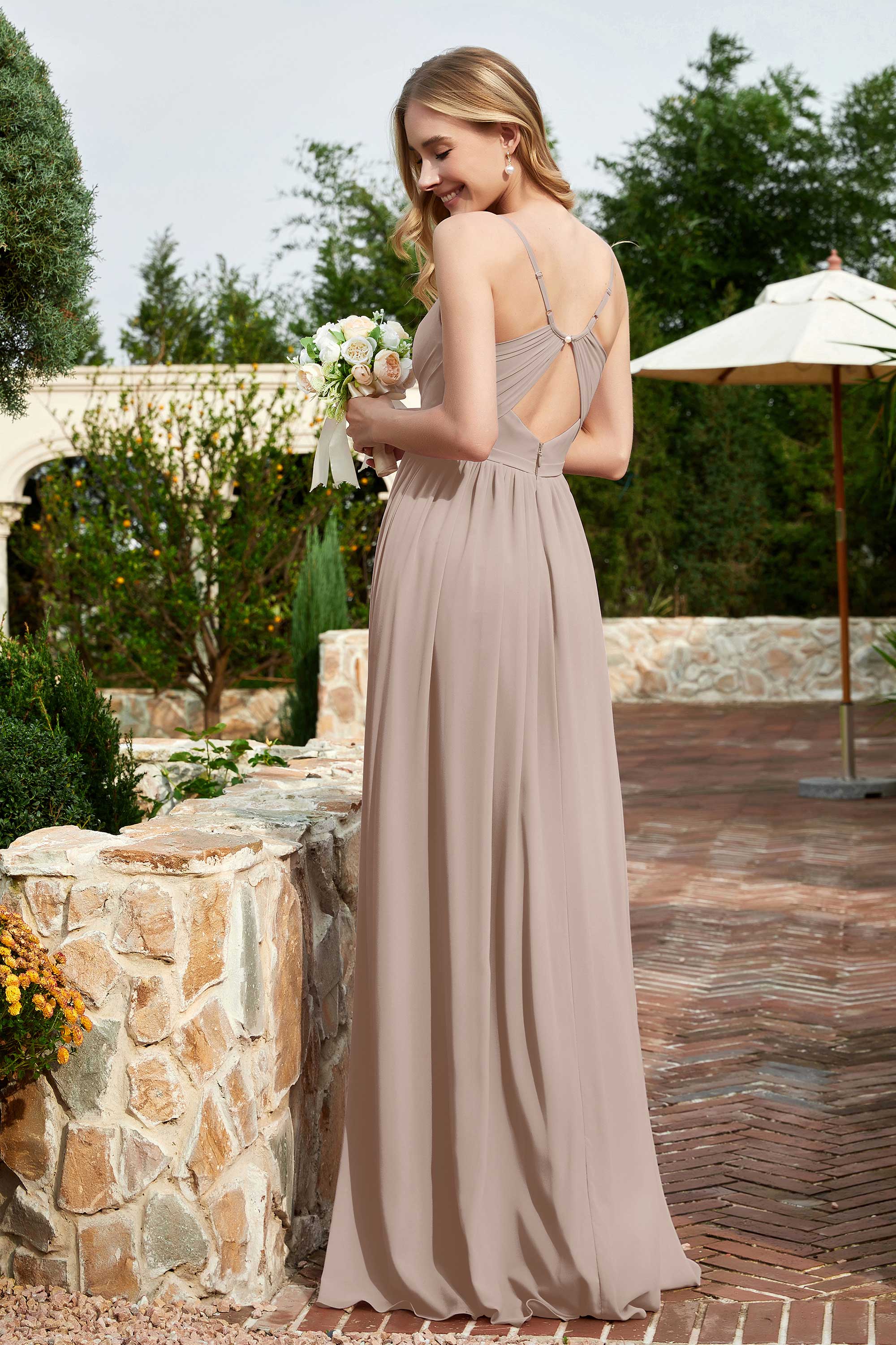 Spaghetti Straps Chiffon A Line Bridesmaid Dress with Slit Formal Evening Prom Dresses Gowns