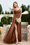 Spaghetti Straps Chiffon A Line Bridesmaid Dress with Slit Formal Evening Prom Dresses Gowns