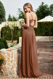 Spaghetti Straps Chiffon A Line Bridesmaid Dress with Slit Formal Evening Prom Dresses Gowns
