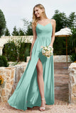 Spaghetti Straps Chiffon A Line Bridesmaid Dress with Slit Formal Evening Prom Dresses Gowns