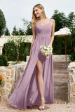 Spaghetti Straps Chiffon A Line Bridesmaid Dress with Slit Formal Evening Prom Dresses Gowns
