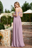 Spaghetti Straps Chiffon A Line Bridesmaid Dress with Slit Formal Evening Prom Dresses Gowns