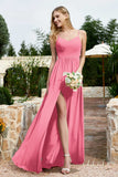Spaghetti Straps Chiffon A Line Bridesmaid Dress with Slit Formal Evening Prom Dresses Gowns