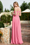 Spaghetti Straps Chiffon A Line Bridesmaid Dress with Slit Formal Evening Prom Dresses Gowns