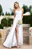 Spaghetti Straps Chiffon A Line Bridesmaid Dress with Slit Formal Evening Prom Dresses Gowns