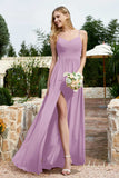 Spaghetti Straps Chiffon A Line Bridesmaid Dress with Slit Formal Evening Prom Dresses Gowns