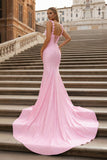 Hot Pink Floral Straps Mermaid Satin Long Prom Dress