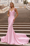 Hot Pink Floral Straps Mermaid Satin Long Prom Dress
