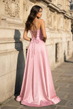 A Line Black Strapless Satin Prom Dresses With Slit