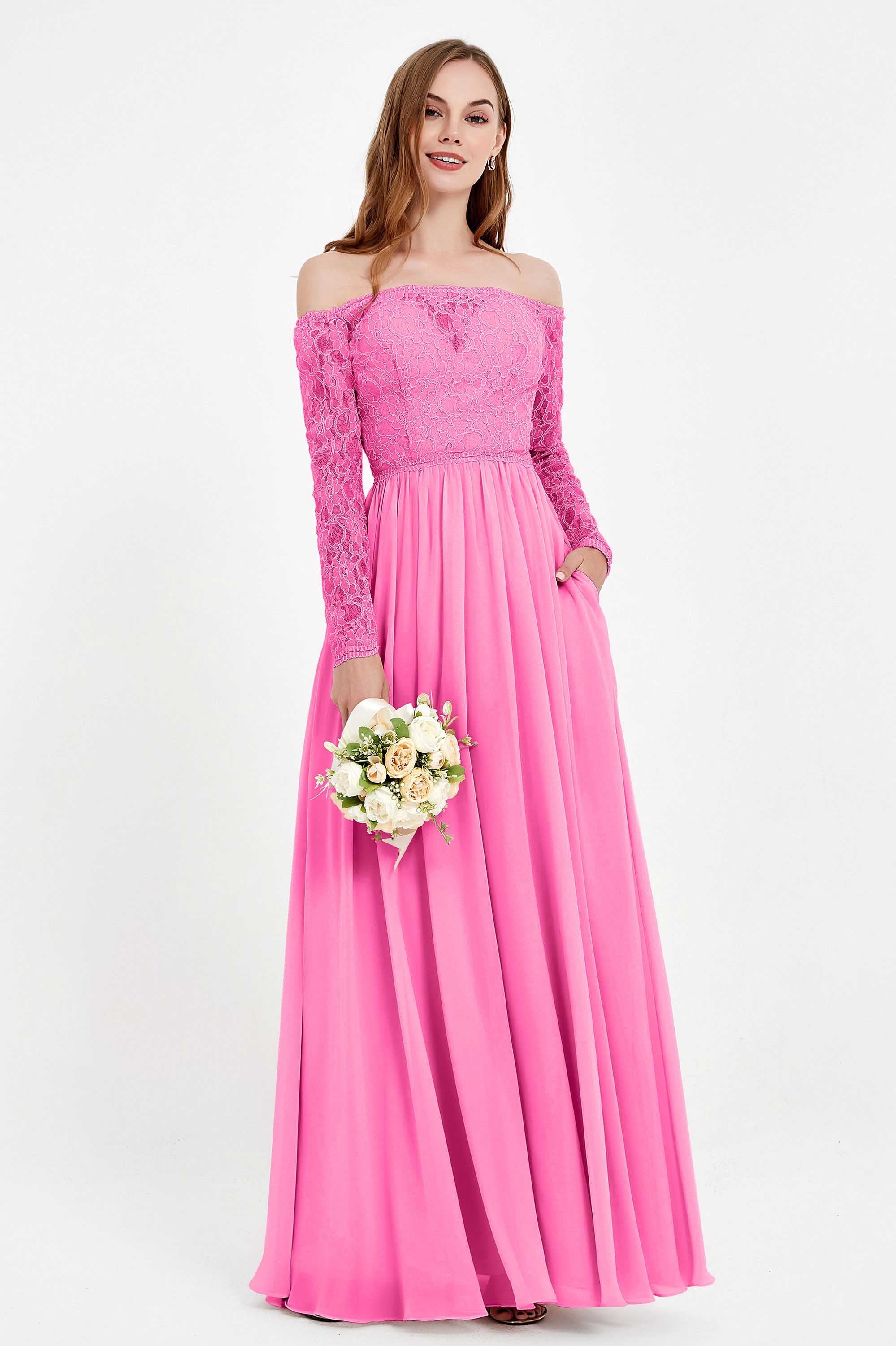 Flowy Chiffon Lace off the shoulder Bridesmaid Dress Long sleeves Formal Evening Party Dresses