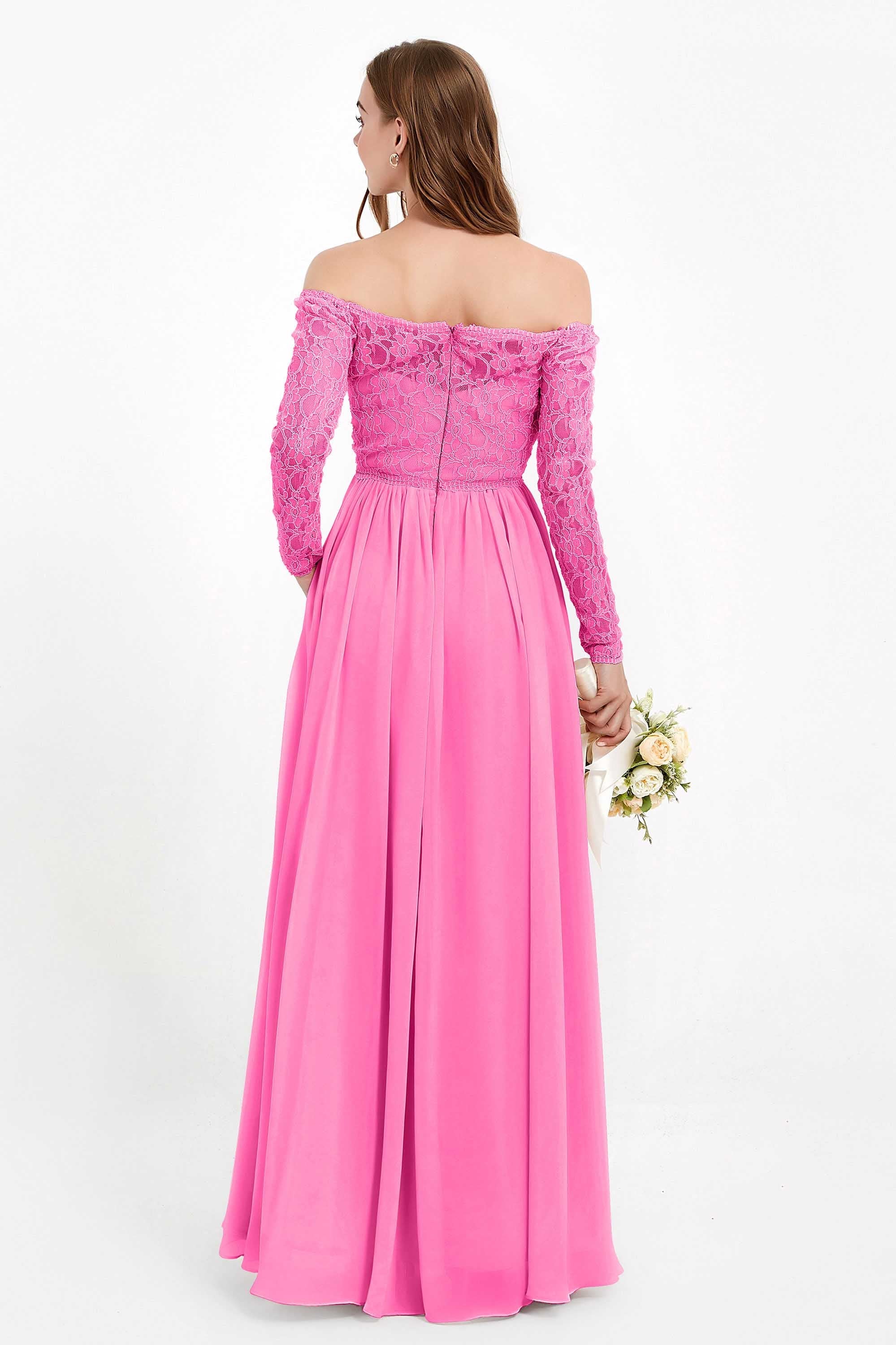 Flowy Chiffon Lace off the shoulder Bridesmaid Dress Long sleeves Formal Evening Party Dresses