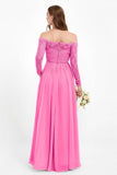 Flowy Chiffon Lace off the shoulder Bridesmaid Dress Long sleeves Formal Evening Party Dresses