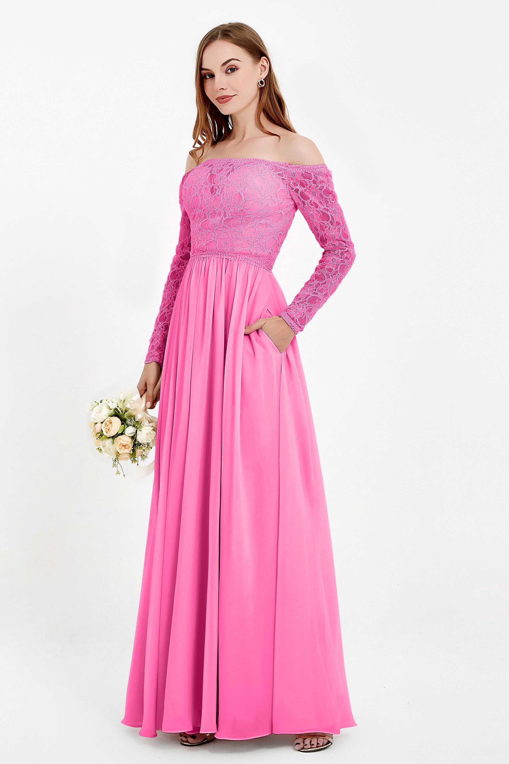 Flowy Chiffon Lace off the shoulder Bridesmaid Dress Long sleeves Formal Evening Party Dresses