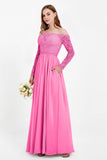 Flowy Chiffon Lace off the shoulder Bridesmaid Dress Long sleeves Formal Evening Party Dresses