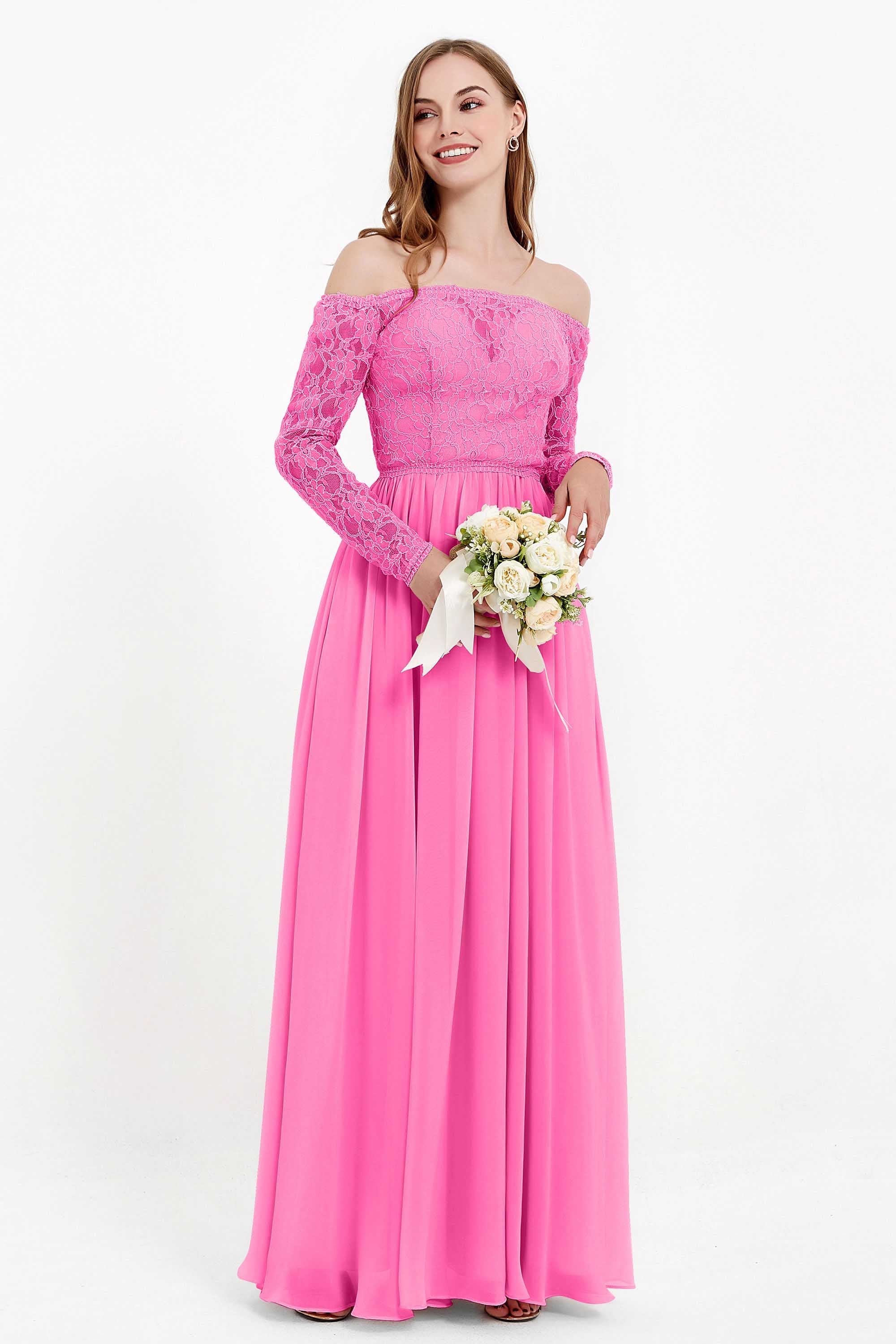 Flowy Chiffon Lace off the shoulder Bridesmaid Dress Long sleeves Formal Evening Party Dresses