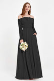 Flowy Chiffon Lace off the shoulder Bridesmaid Dress Long sleeves Formal Evening Party Dresses