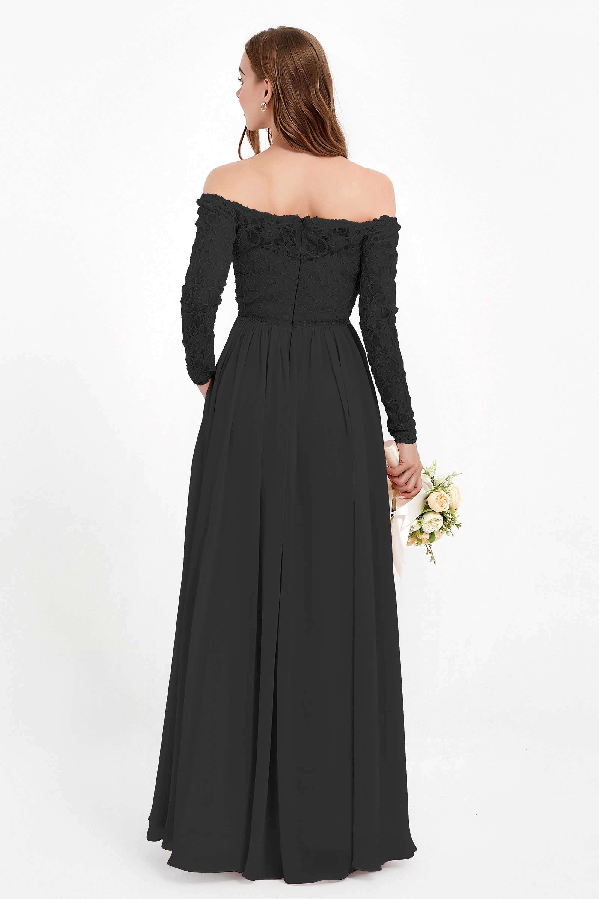 Flowy Chiffon Lace off the shoulder Bridesmaid Dress Long sleeves Formal Evening Party Dresses