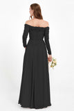 Flowy Chiffon Lace off the shoulder Bridesmaid Dress Long sleeves Formal Evening Party Dresses