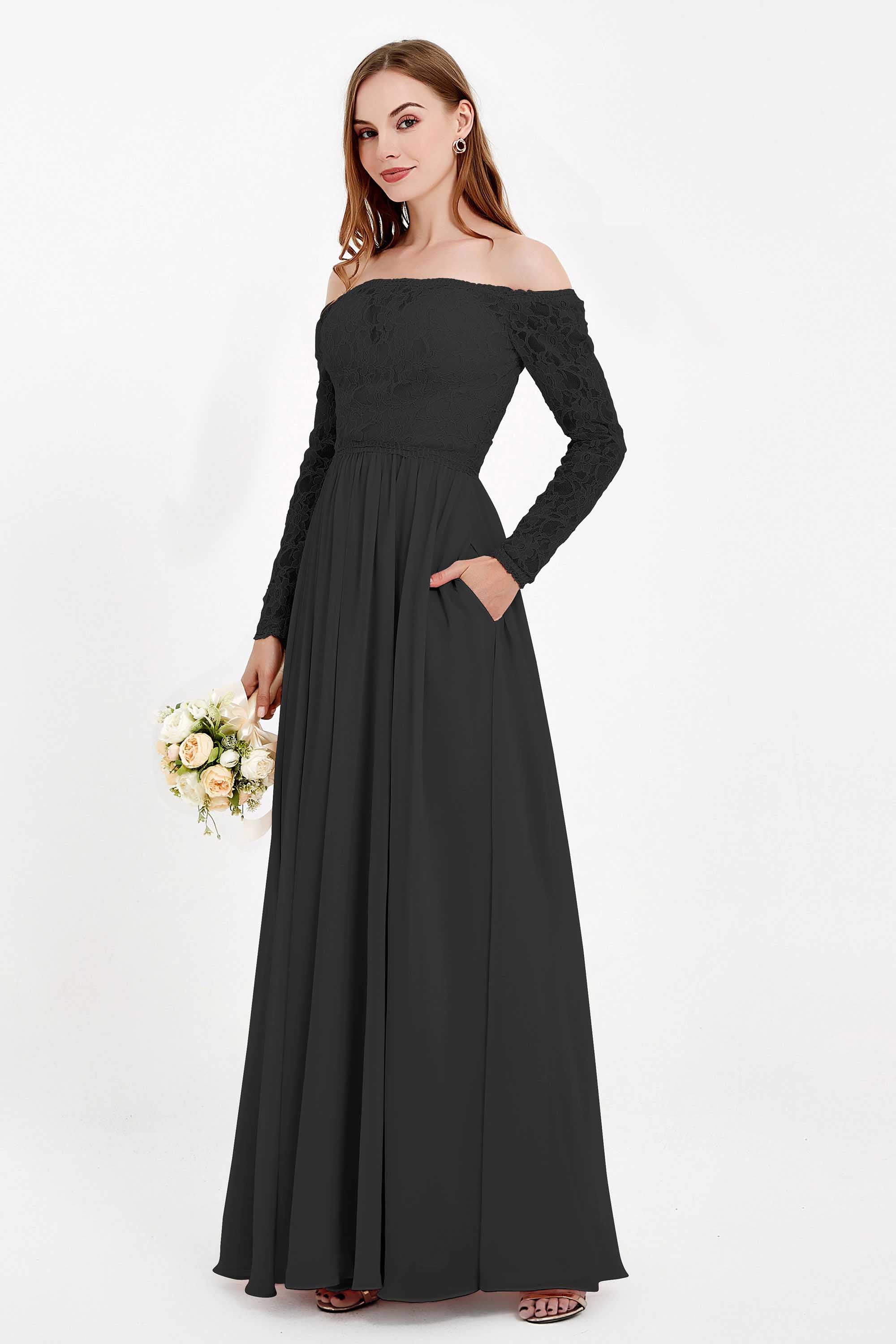 Flowy Chiffon Lace off the shoulder Bridesmaid Dress Long sleeves Formal Evening Party Dresses
