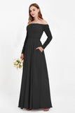 Flowy Chiffon Lace off the shoulder Bridesmaid Dress Long sleeves Formal Evening Party Dresses