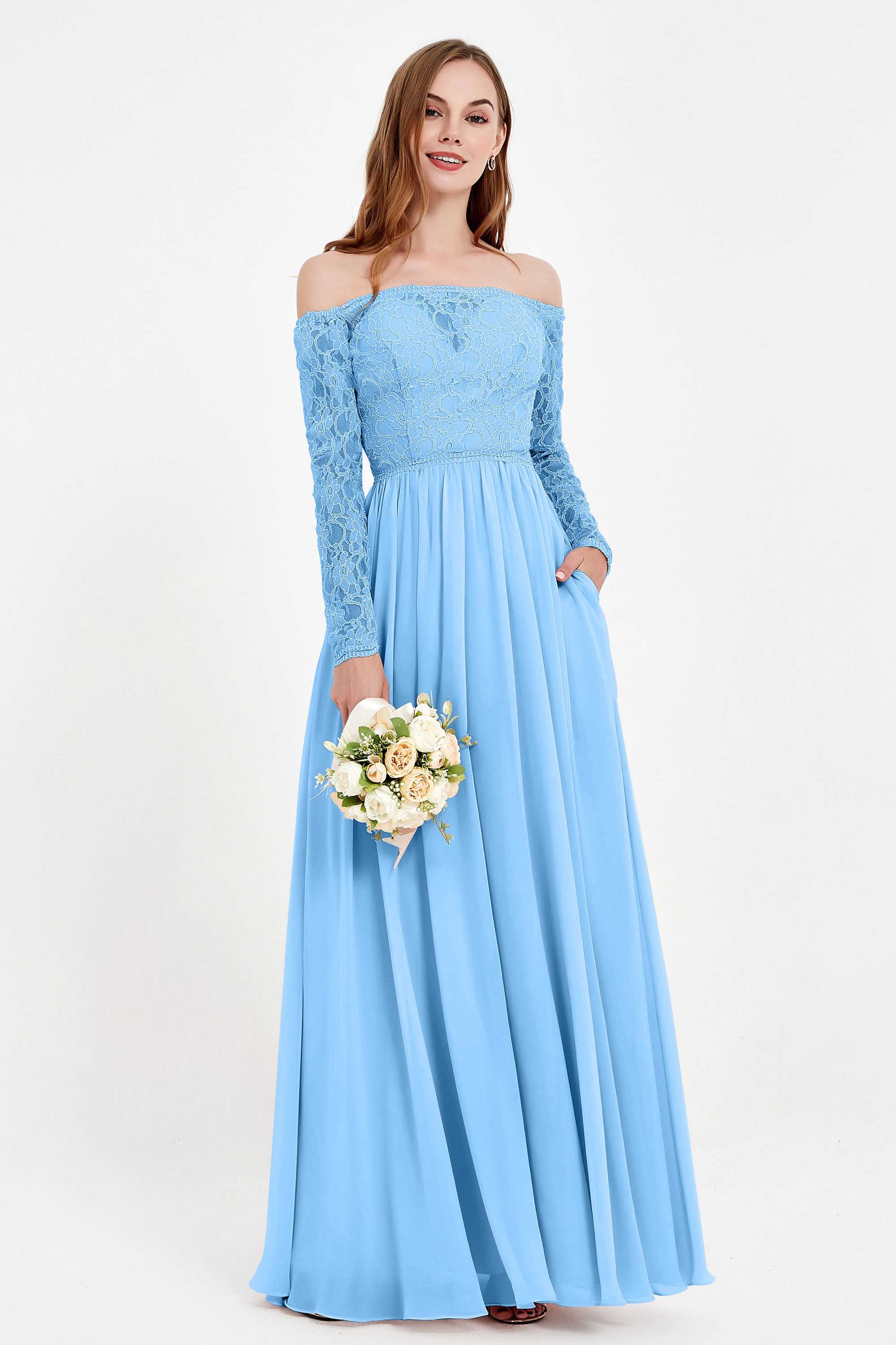 Flowy Chiffon Lace off the shoulder Bridesmaid Dress Long sleeves Formal Evening Party Dresses