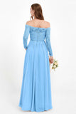 Flowy Chiffon Lace off the shoulder Bridesmaid Dress Long sleeves Formal Evening Party Dresses