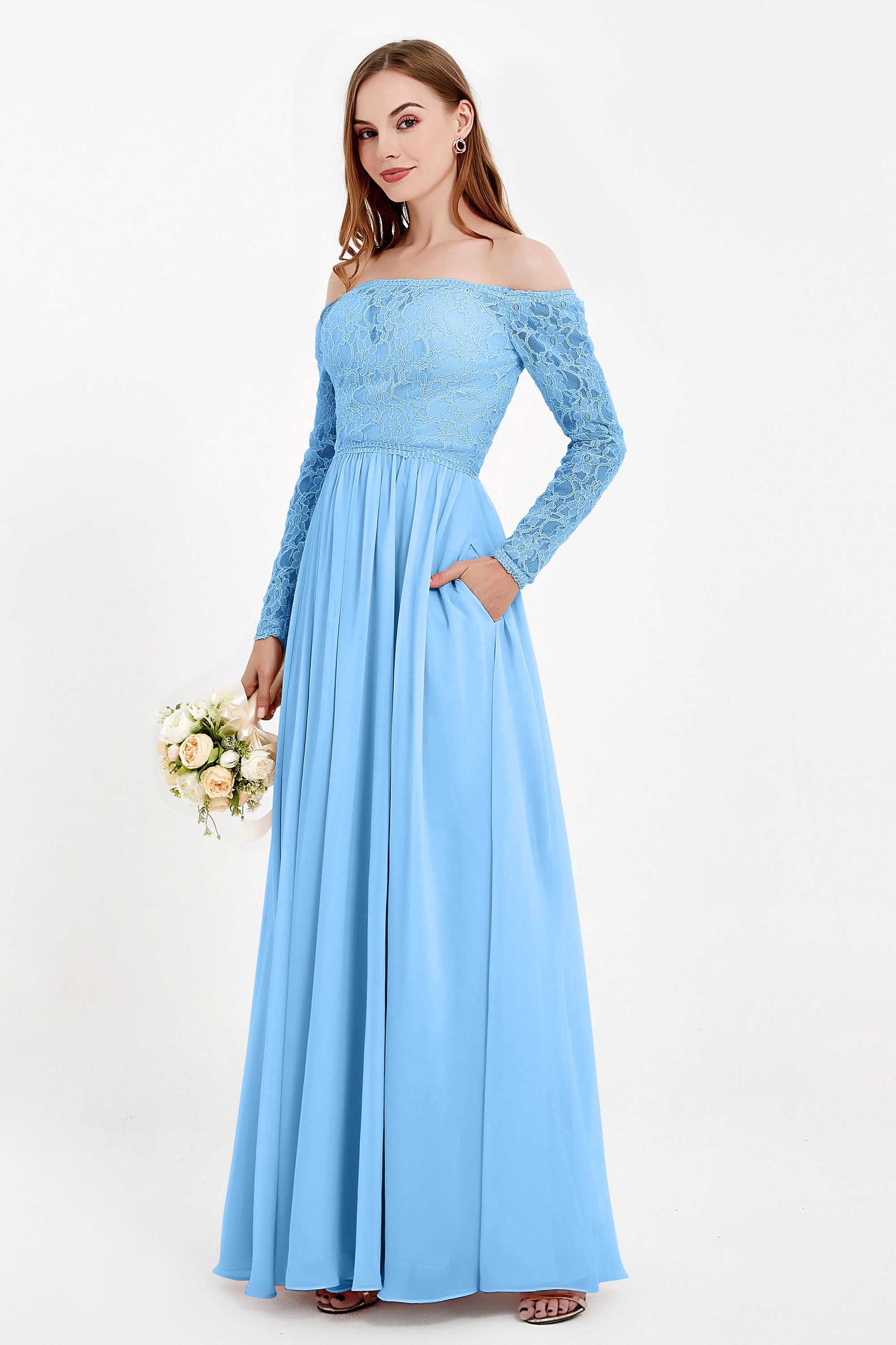 Flowy Chiffon Lace off the shoulder Bridesmaid Dress Long sleeves Formal Evening Party Dresses