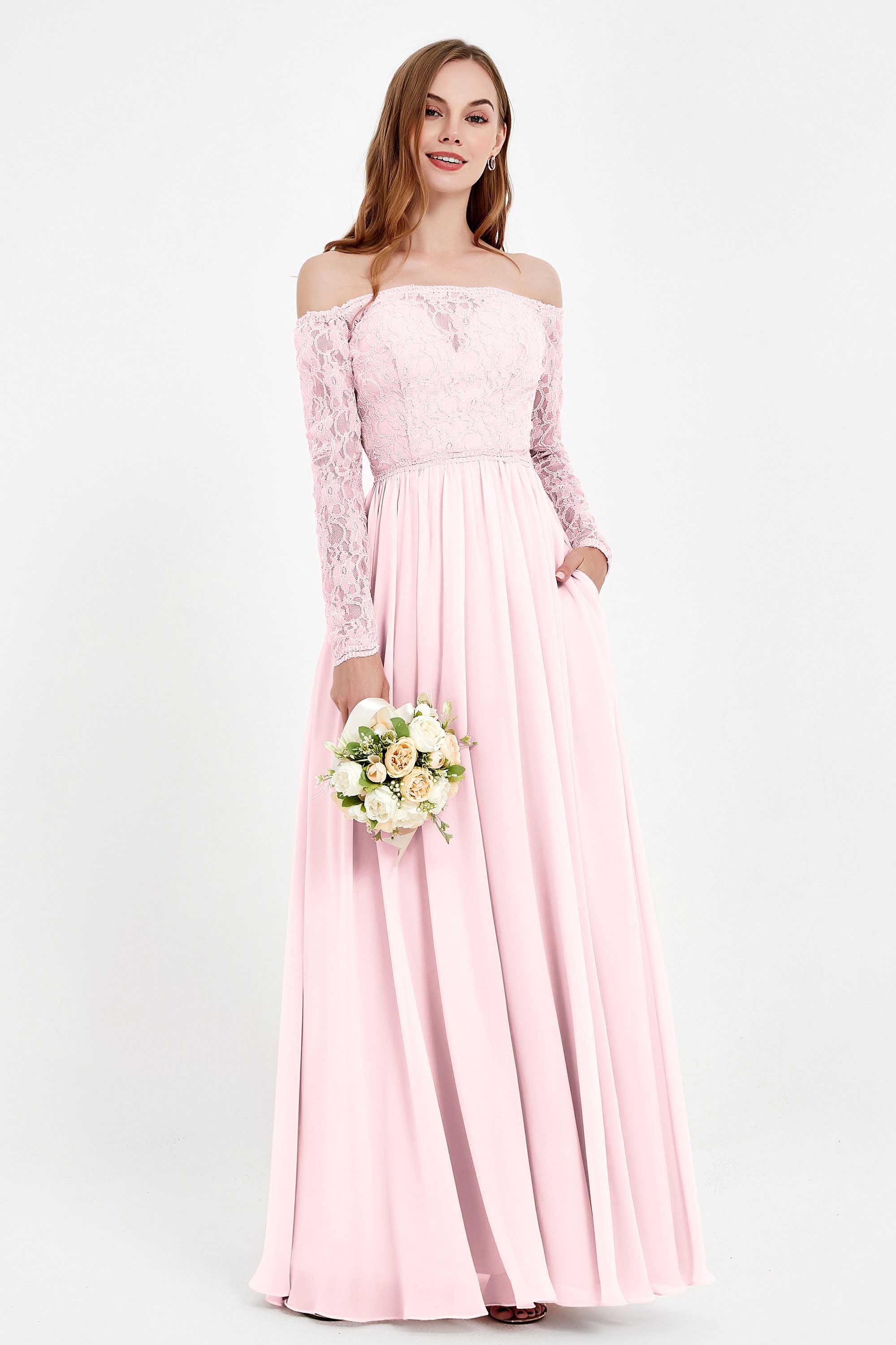 Flowy Chiffon Lace off the shoulder Bridesmaid Dress Long sleeves Formal Evening Party Dresses