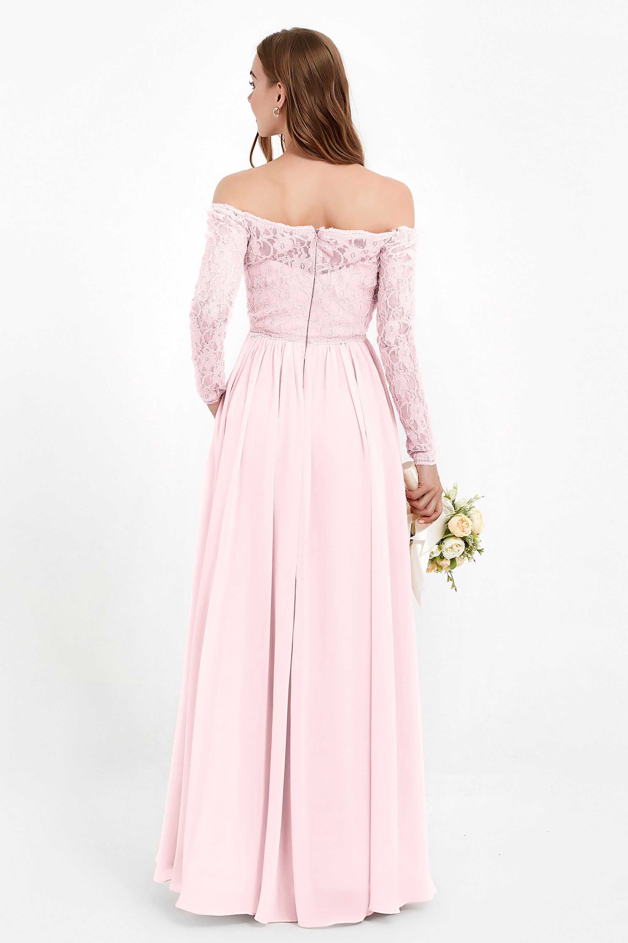 Flowy Chiffon Lace off the shoulder Bridesmaid Dress Long sleeves Formal Evening Party Dresses