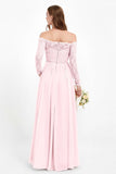 Flowy Chiffon Lace off the shoulder Bridesmaid Dress Long sleeves Formal Evening Party Dresses