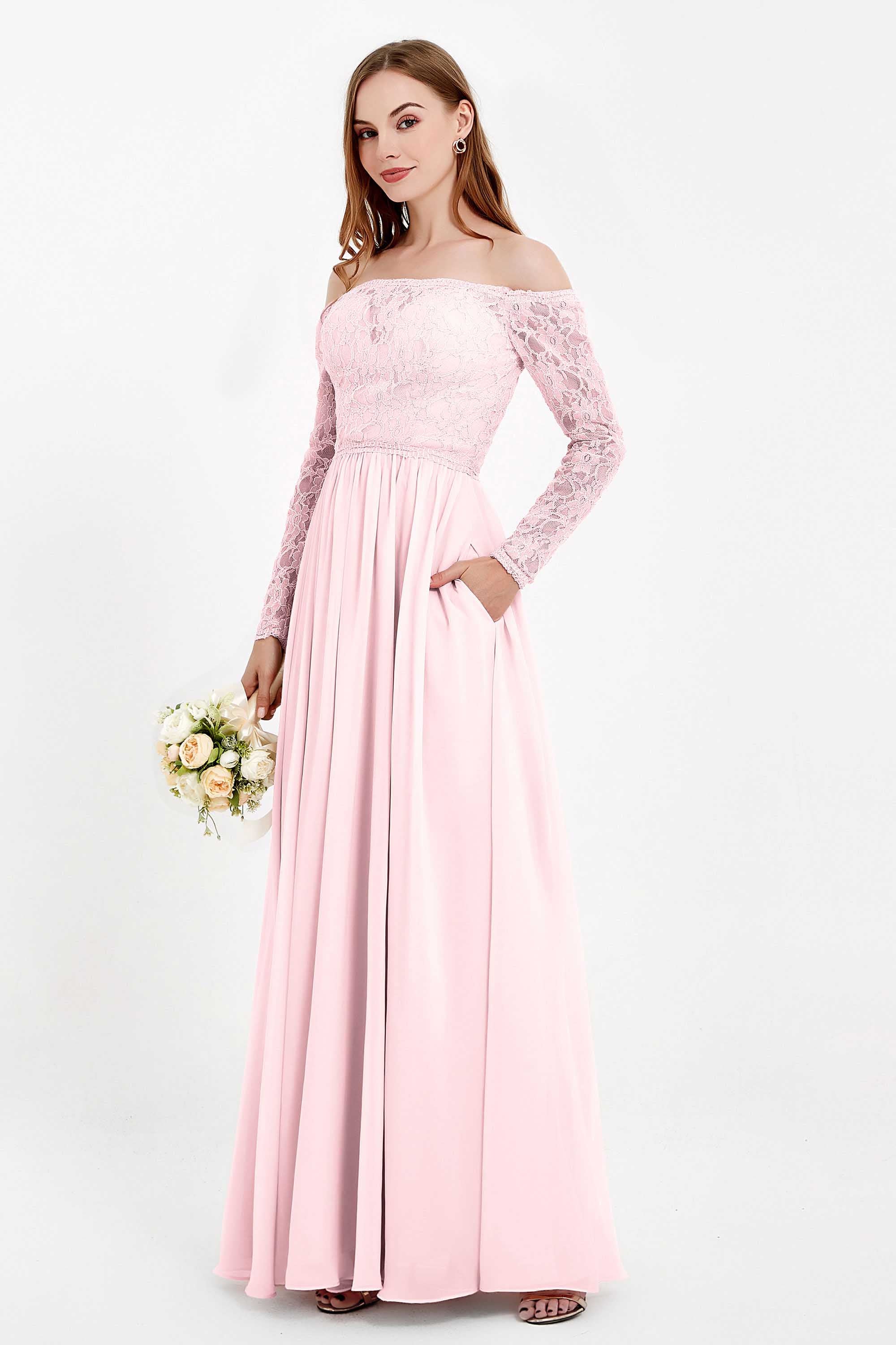 Flowy Chiffon Lace off the shoulder Bridesmaid Dress Long sleeves Formal Evening Party Dresses
