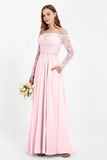 Flowy Chiffon Lace off the shoulder Bridesmaid Dress Long sleeves Formal Evening Party Dresses