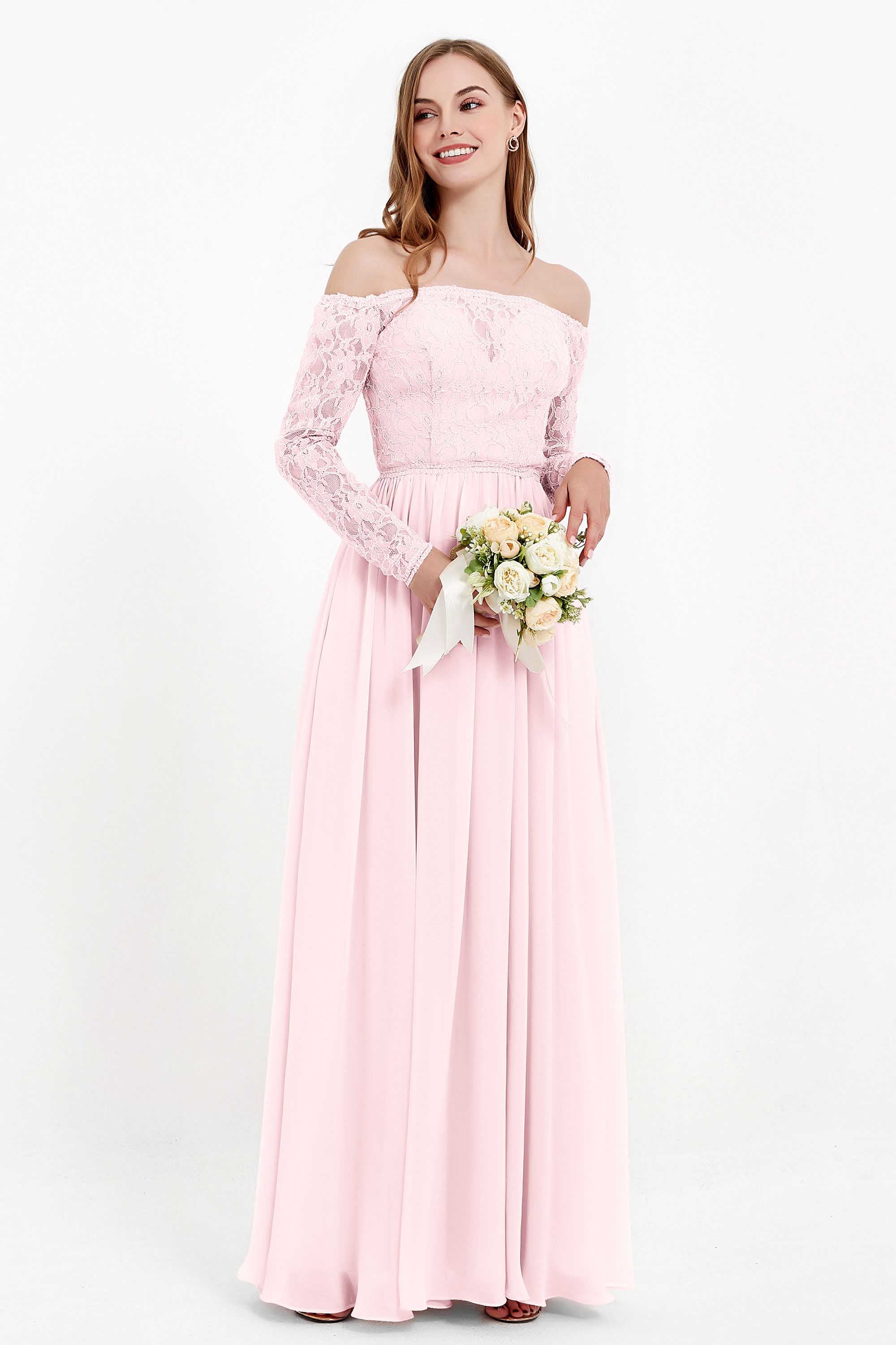Flowy Chiffon Lace off the shoulder Bridesmaid Dress Long sleeves Formal Evening Party Dresses