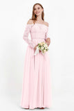 Flowy Chiffon Lace off the shoulder Bridesmaid Dress Long sleeves Formal Evening Party Dresses