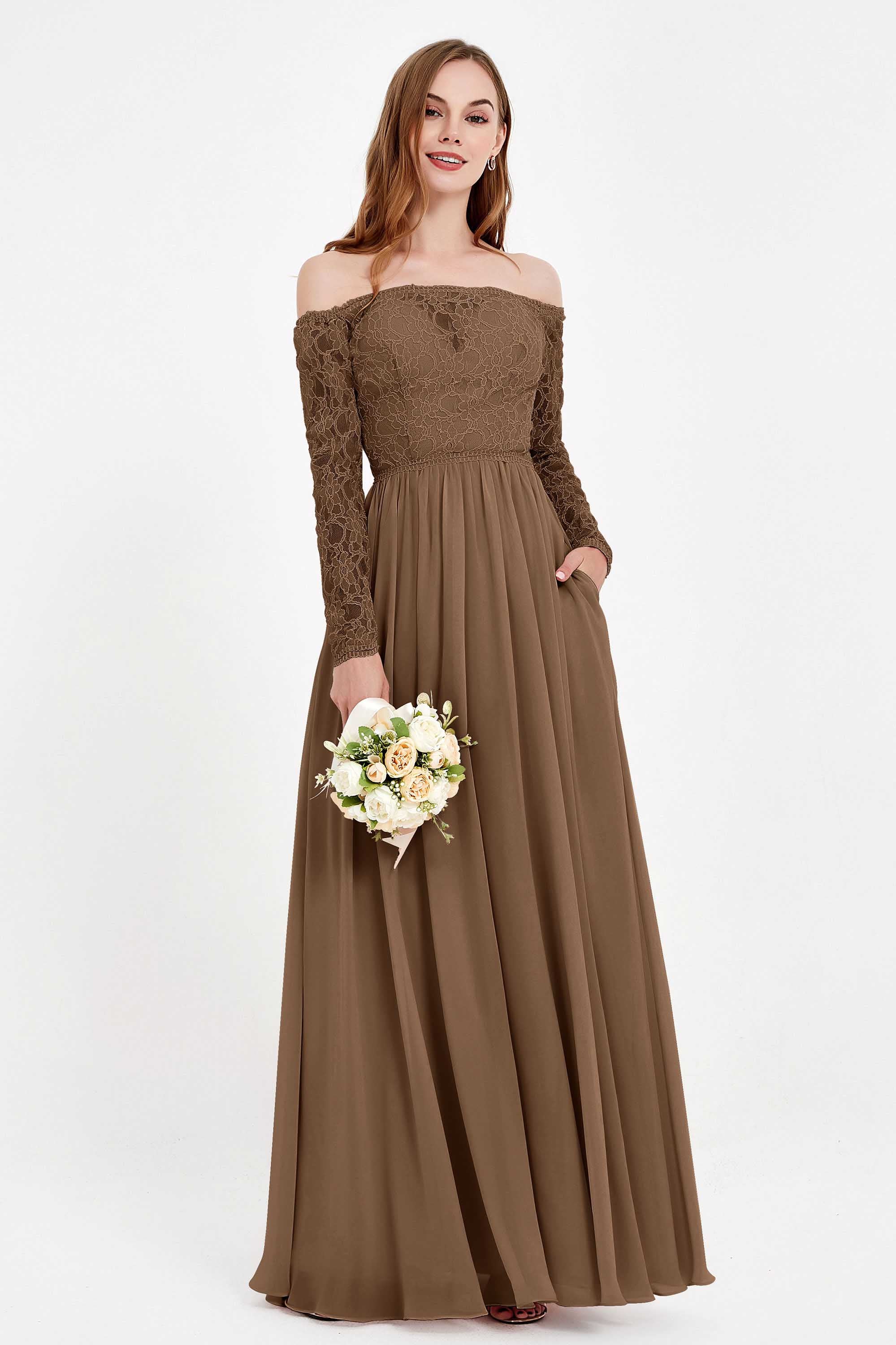 Flowy Chiffon Lace off the shoulder Bridesmaid Dress Long sleeves Formal Evening Party Dresses