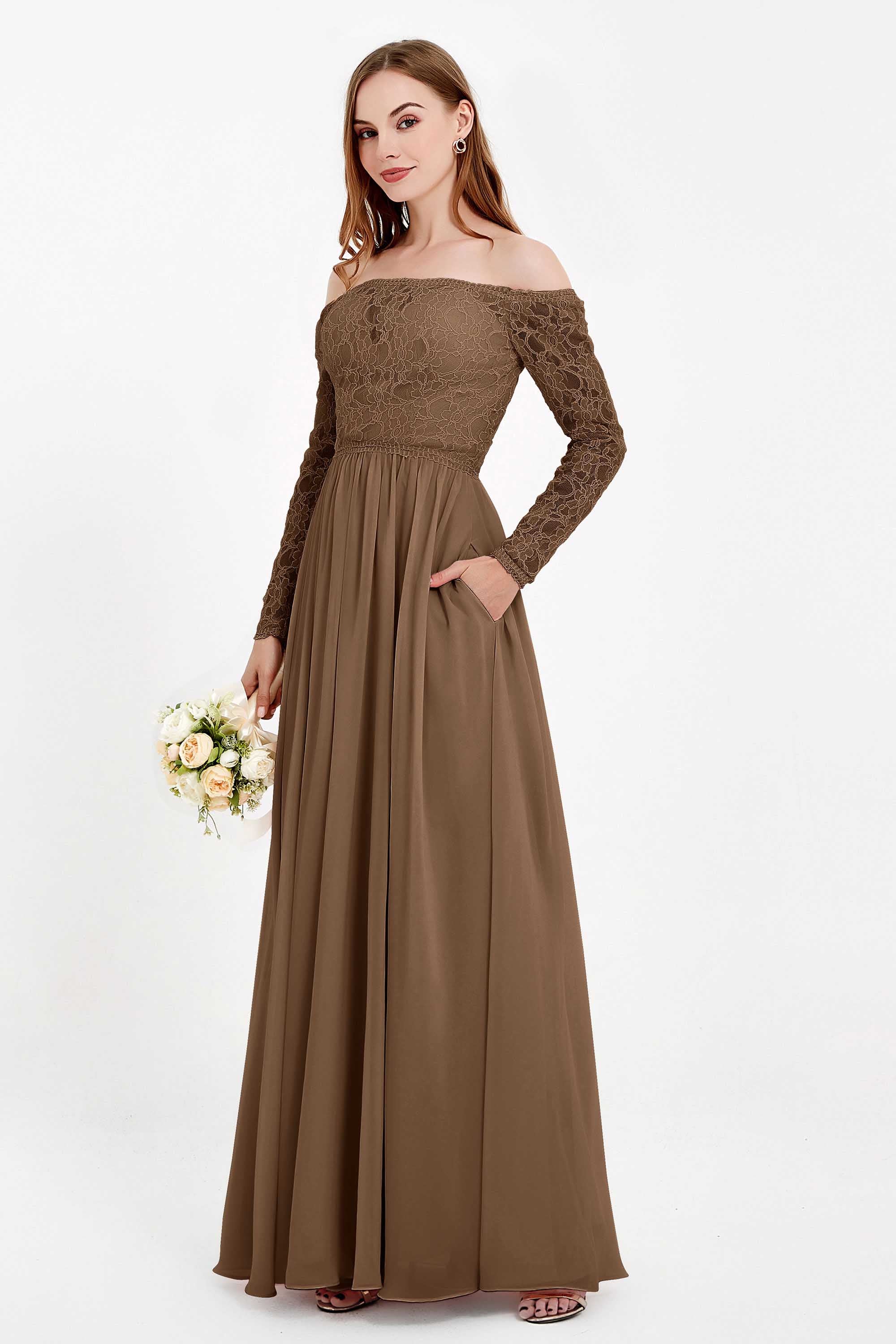 Flowy Chiffon Lace off the shoulder Bridesmaid Dress Long sleeves Formal Evening Party Dresses