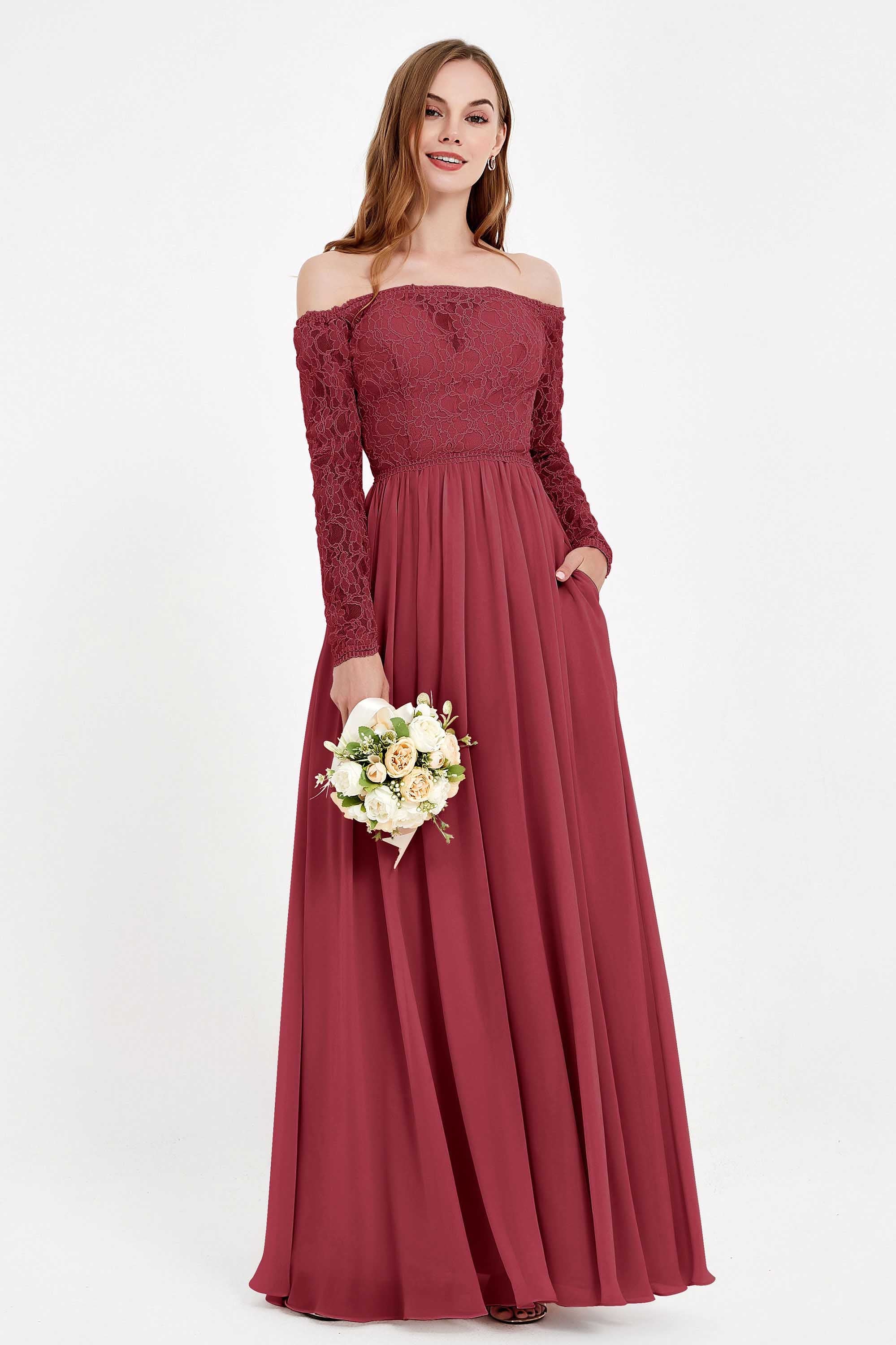 Flowy Chiffon Lace off the shoulder Bridesmaid Dress Long sleeves Formal Evening Party Dresses