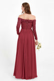 Flowy Chiffon Lace off the shoulder Bridesmaid Dress Long sleeves Formal Evening Party Dresses