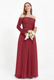 Flowy Chiffon Lace off the shoulder Bridesmaid Dress Long sleeves Formal Evening Party Dresses