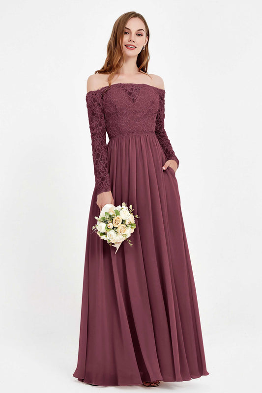Flowy Chiffon Lace off the shoulder Bridesmaid Dress Long sleeves Formal Evening Party Dresses