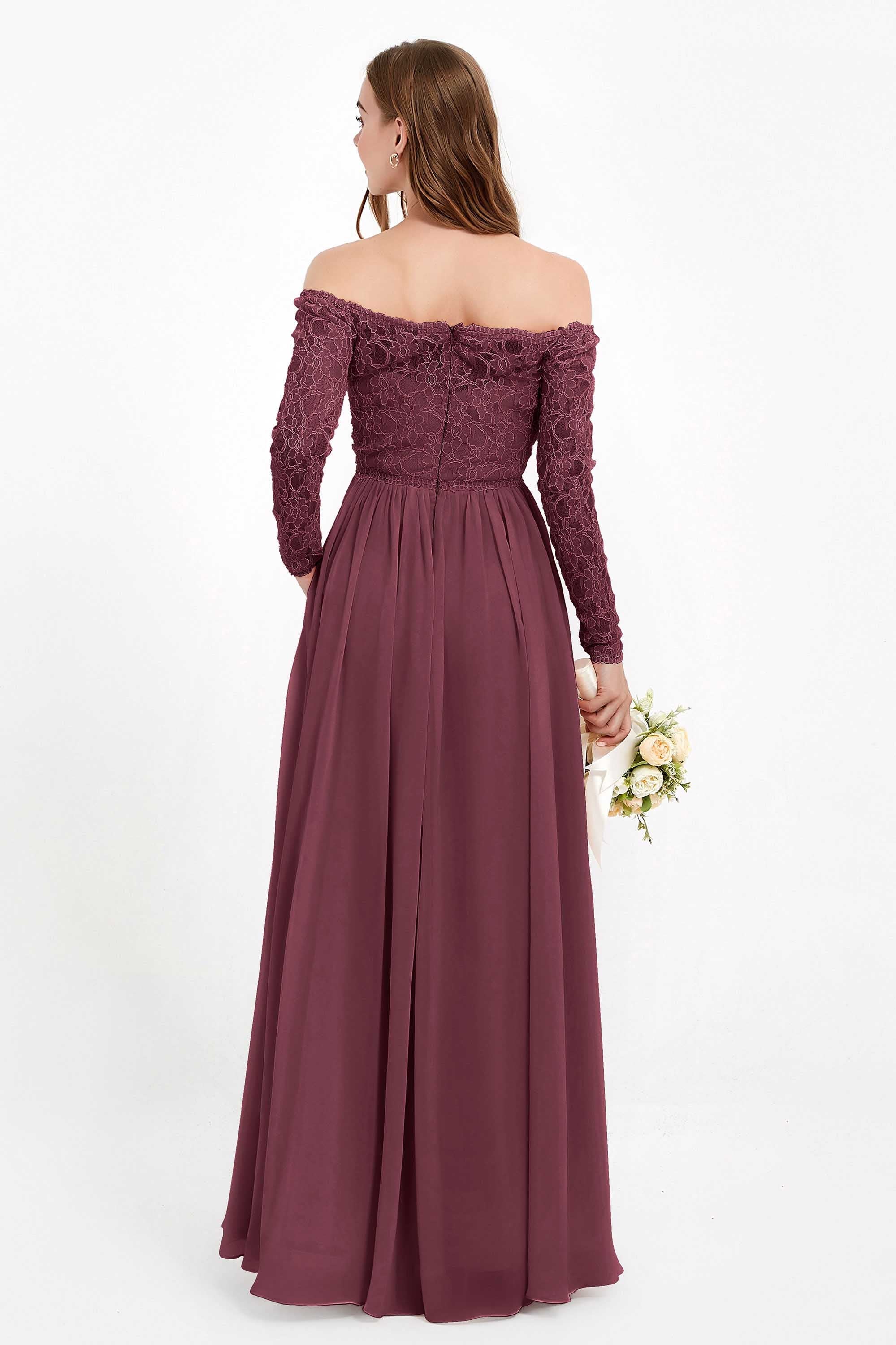 Flowy Chiffon Lace off the shoulder Bridesmaid Dress Long sleeves Formal Evening Party Dresses