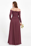 Flowy Chiffon Lace off the shoulder Bridesmaid Dress Long sleeves Formal Evening Party Dresses