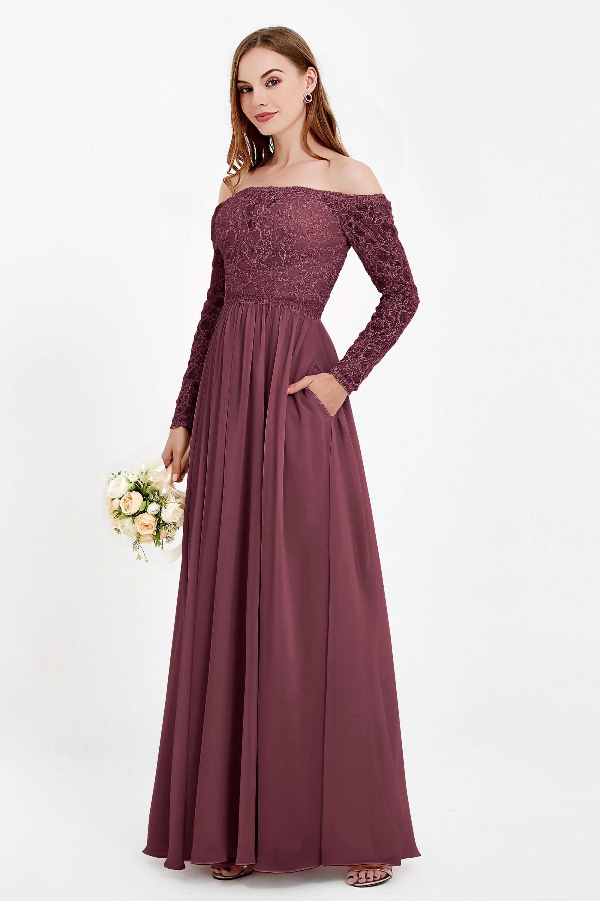 Flowy Chiffon Lace off the shoulder Bridesmaid Dress Long sleeves Formal Evening Party Dresses