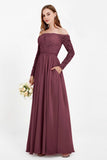 Flowy Chiffon Lace off the shoulder Bridesmaid Dress Long sleeves Formal Evening Party Dresses