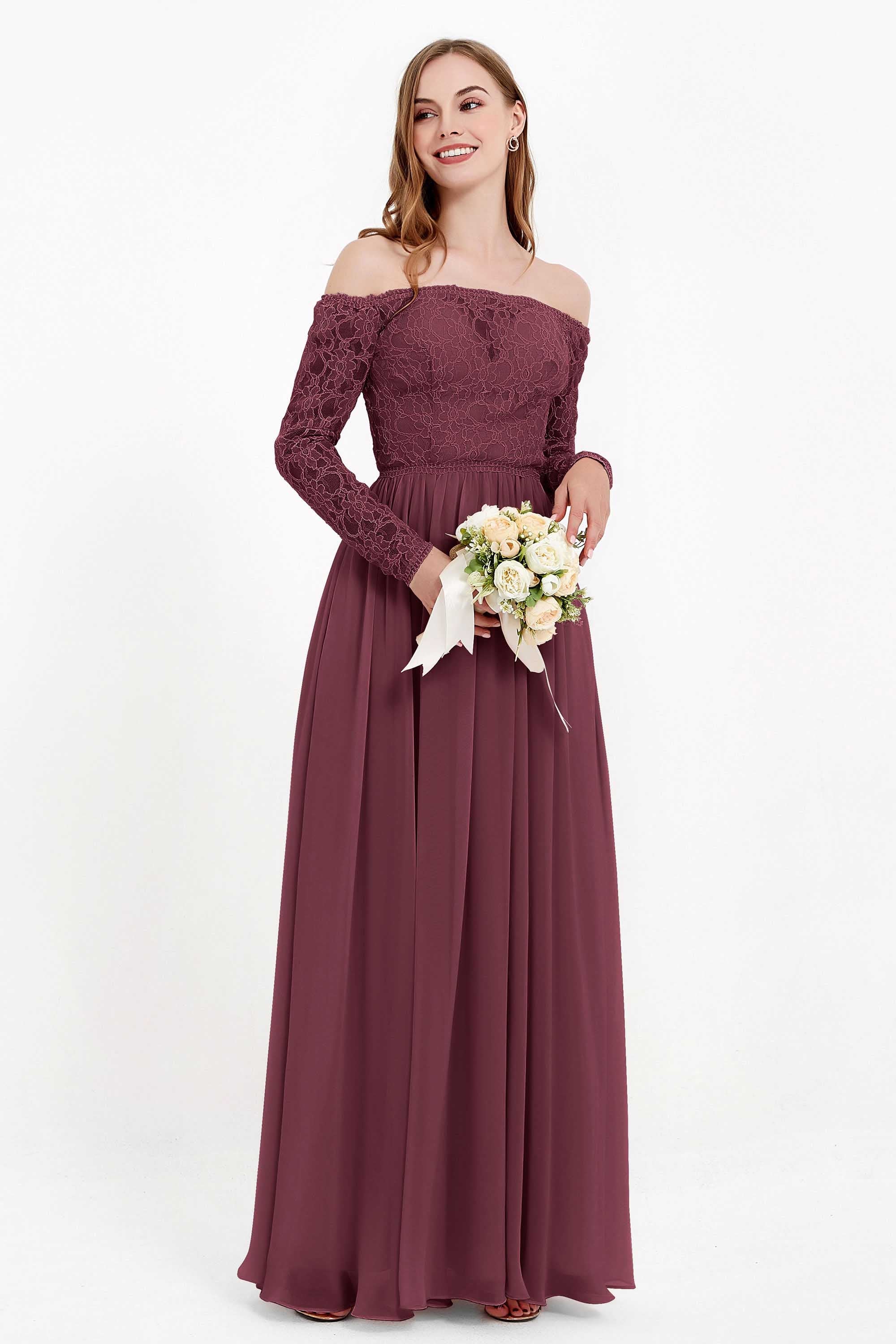 Flowy Chiffon Lace off the shoulder Bridesmaid Dress Long sleeves Formal Evening Party Dresses