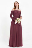 Flowy Chiffon Lace off the shoulder Bridesmaid Dress Long sleeves Formal Evening Party Dresses