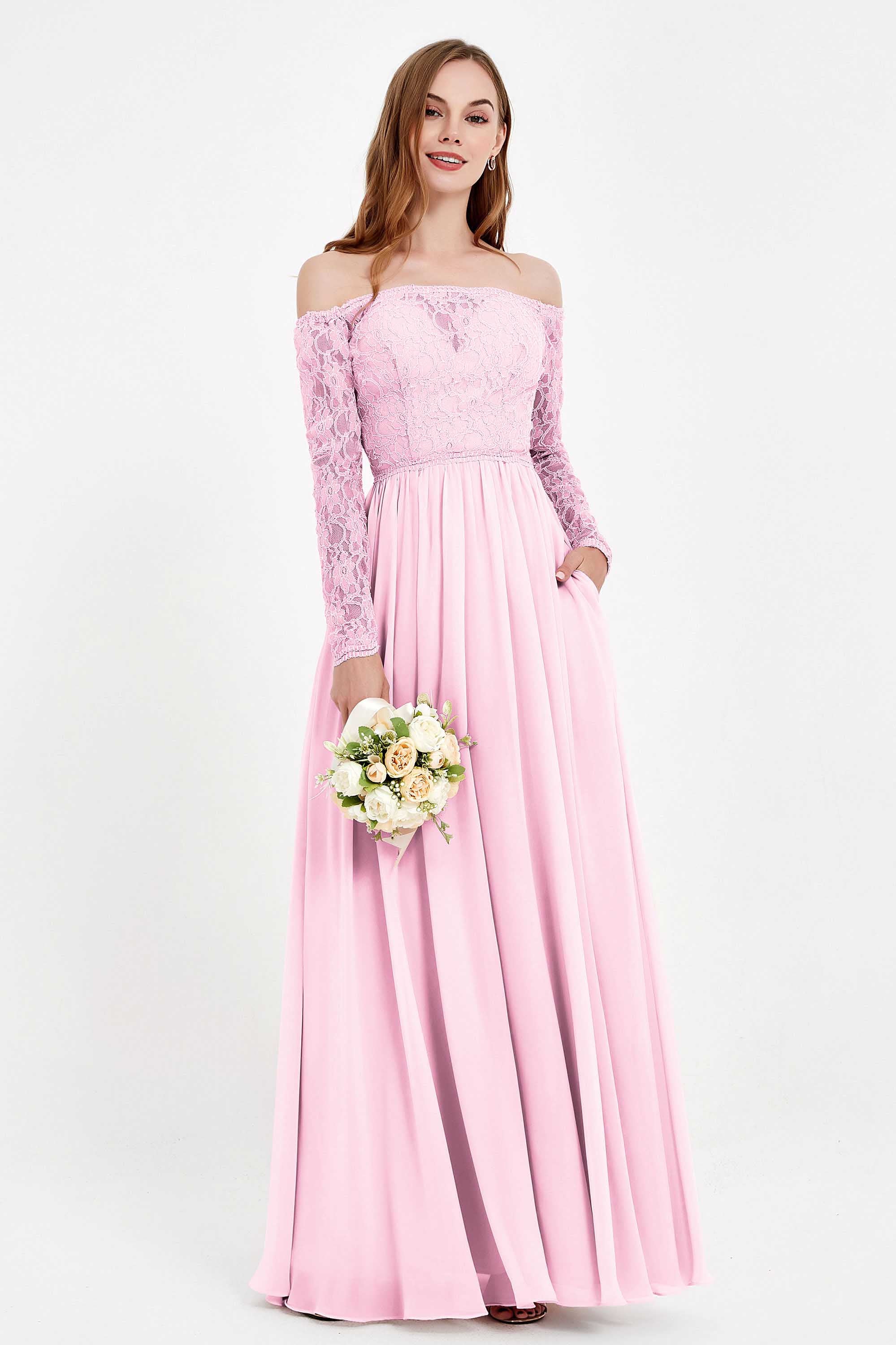 Flowy Chiffon Lace off the shoulder Bridesmaid Dress Long sleeves Formal Evening Party Dresses