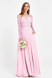 Flowy Chiffon Lace off the shoulder Bridesmaid Dress Long sleeves Formal Evening Party Dresses
